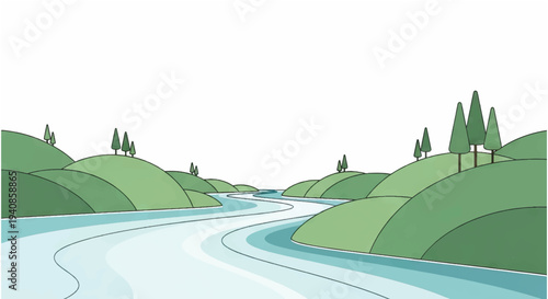 Serene River Landscape with Rolling Hills.