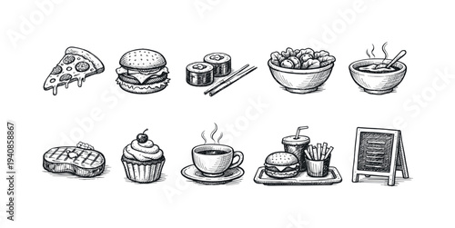 Food and drink outline icon set: pizza, burger, sushi, coffee, cupcake icons collection