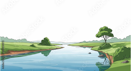 Serene River Landscape with Trees and Water.