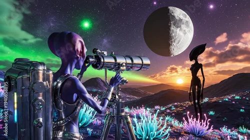 Alien observing celestial bodies with telescope on futuristic alien planet
