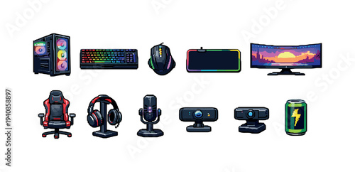 Gaming equipment filled icon set. keyboard, mouse, monitor, headset, gaming chair icons.
