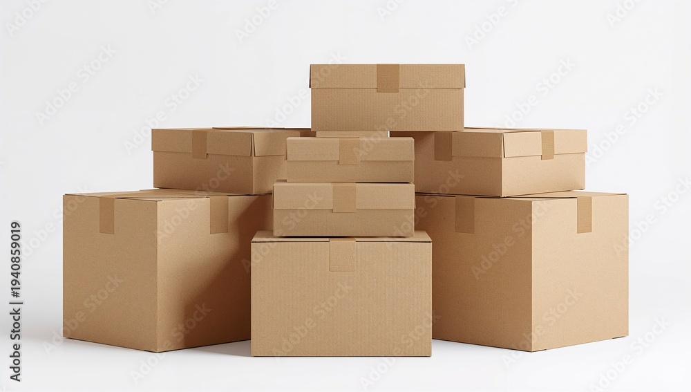 Fototapeta premium Stacked Cardboard Shipping Boxes Isolated on White Background Hyperrealistic Packaging Concept