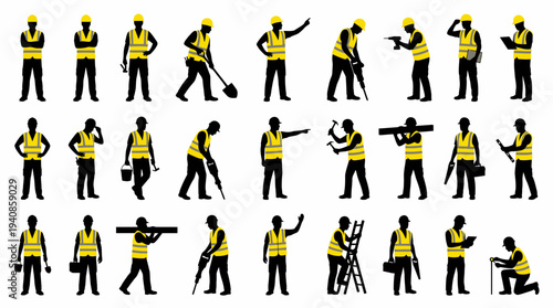 Construction worker silhouette pack with tools ladders and job activities