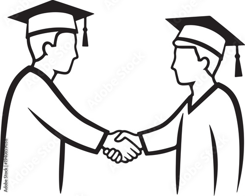 Graduation Handshake Line Art Illustration - Two Students Celebrating Success and Academic Achievement at Commencement Ceremony
