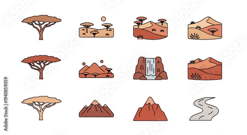 Desert Landscape Elements Set with Mountains and Trees.