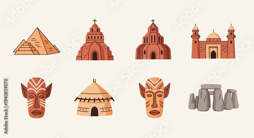 Ancient monuments and cultural symbols illustration set.