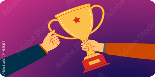 Hands holding winning trophy symbolizing teamwork, partnership and business success. Modern flat vector concept for leadership, collaboration, achievement and corporate victory.