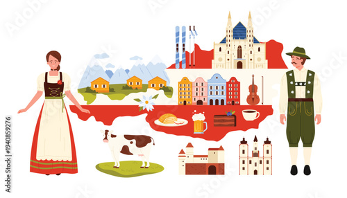 Travel to Austria, guide presentation with Austrians in traditional dress and landscape of Alpine village, famous places for vacation and food, violin on infographic map cartoon vector illustration