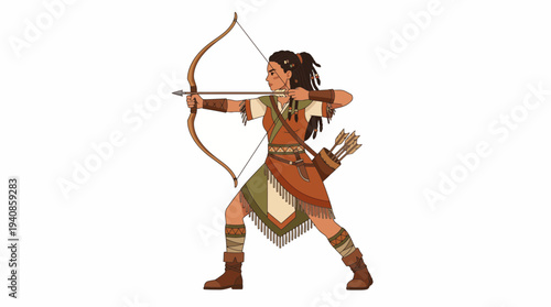Female archer character in flat style aiming bow with quiver arrows