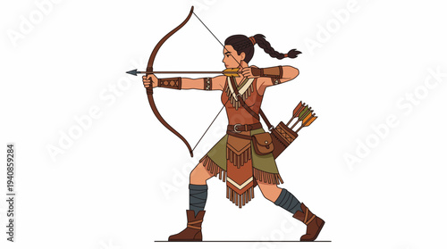 Flat female archer character with bow and arrows in action pose