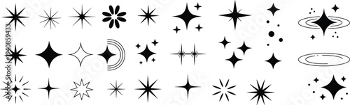Star sparkle icon set black white twinkle spark shine burst magic light decorative vector symbols collection graphic elements