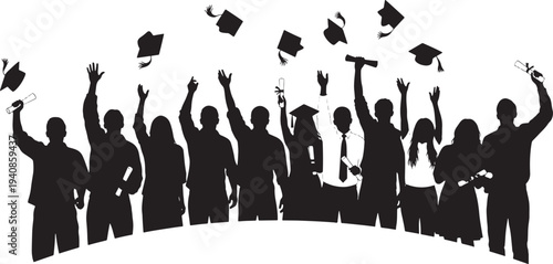 Graduates Throwing Caps in the Air Silhouette - Celebrating Success and Completion of Studies at Graduation Ceremony