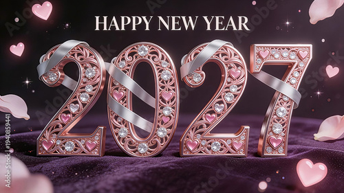 Luxurious, ornate 3D typography spelling '2027' crafted from delicate, intricate pink metallic filigree, heavily encrusted with brilliant, sparkling diamonds and tiny embedded heart jewels. 