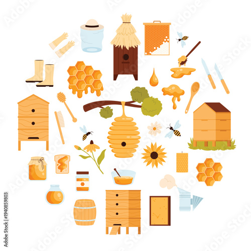 Honey and apiary products in round banner design. Honeycomb and hive on tree, natural honey jar and wax, wooden farm house for insects and dipper, beekeepers hat in circle cartoon vector illustration