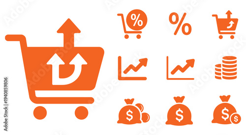 Set of 8 Finance and Shopping Icons Vector Featuring Money, Wallet, Cart, Credit Card, Bank, Payment, Sale, and Coins Isolated on White Background