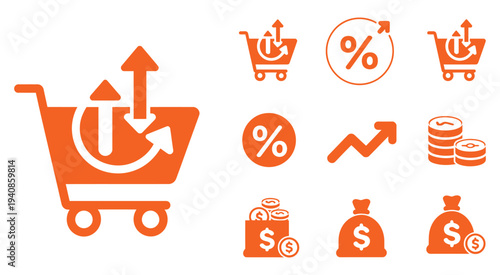 Set of 8 Finance and Shopping Icons Vector Featuring Money, Wallet, Cart, Credit Card, Bank, Payment, Sale, and Coins Isolated on White Background