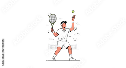 Tennis Player Serving Ball During Match Action Pose