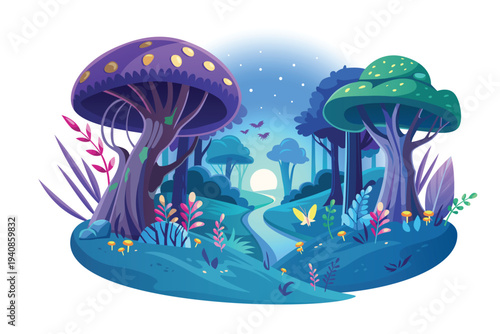 Magic forest landscape at night. Fairytale scary world with neon mushrooms and blue trees of monster forest, flowers and thicket foliage, river and bats flying in sky cartoon vector illustration
