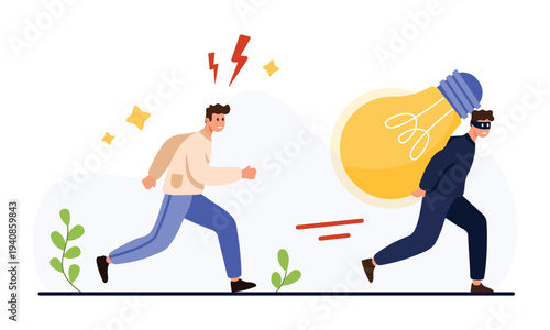 Plagiarism, copy paste of information, piracy and infringement of copyright on creative idea. Tiny thief holding bright light bulb, running away from angry author owner cartoon vector illustration