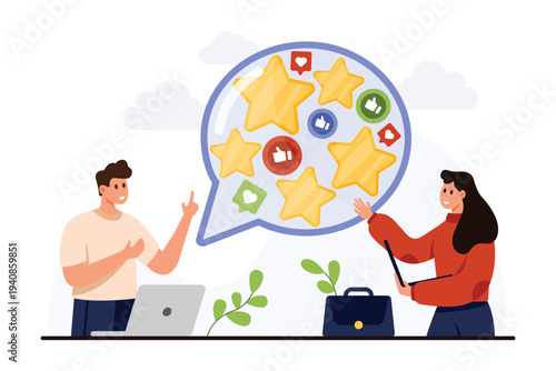 Customer review online service. Tiny people with laptops read result of clients survey, thumbs up, hearts and stars of positive feedback inside speech bubble of comment cartoon vector illustration