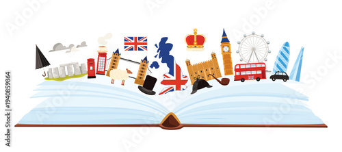 Travel to United Kingdom of Great Britain, infographic collage with open guide book and culture elements, landmarks on page. Map with flag, red telephone booth and bus cartoon vector illustration