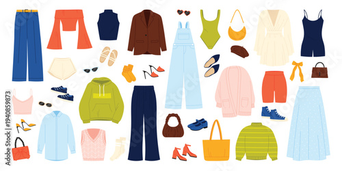 Fashion women clothes for casual outfit set. Summer elegant dress and shoes, stylish blouse and pants, shirts and jeans, different clothes models and accessories collection cartoon vector illustration