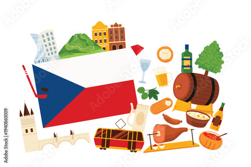 Travel to Czech Republic set, elements of culture and landmark of Prague, giant flag and food in infographic collage poster. Charles Bridge, beer and soup in bread, crystal cartoon vector illustration