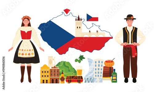 Travel to Czech Republic, infographic collage poster of tourism with Czech man and woman wearing traditional costumes, country map with flag pattern, landmarks and food cartoon vector illustration