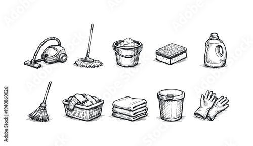 Household cleaning tools solid icon set. vacuum, mop, detergent solid collection