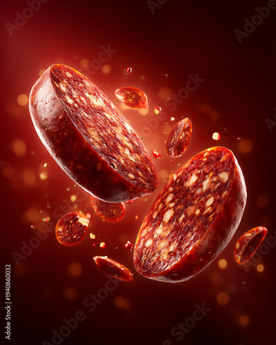 A whole sausage sliced into pieces, all floating in mid-air. 