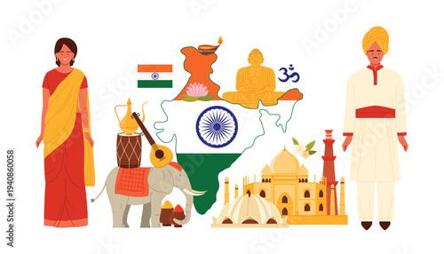 Travel to India, infographic collage poster of tourism with Indian man in traditional costume and woman wearing Sari, country map with flag pattern, spices and landmarks cartoon vector illustration