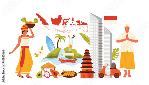Indonesian culture elements and landmarks, travel to Indonesia infographic collage with people in traditional costumes, spiritual temple, beach hut and tropical fruits cartoon vector illustration
