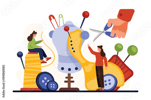 Dressmaking studio workshop, sewing workshop or course, clothes design creation. Tiny people and big hand with scissors, pieces of fabric create fashion dress on mannequin cartoon vector illustration