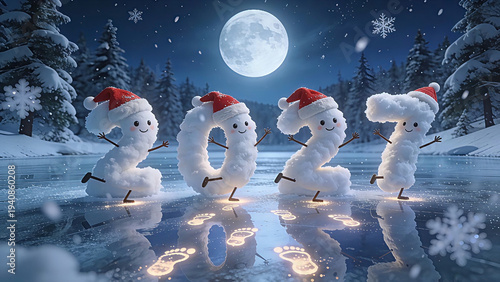 Whimsical and playful numbers 2027 formed entirely from thick, fluffy white snow, styled as cute characters with stick-like arms and legs, each wearing a festive red Santa hat.