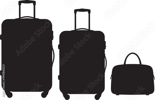 Minimalist Silhouette Set of Traveling Luggage Including Two Large Suitcases and a Carry-on Bag for Vacation Planning and Tourism Concepts