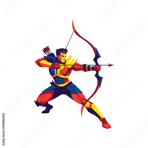 Man in colorful costume holding bow.