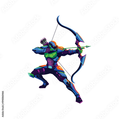 Multicolored Archer in Motion Shooting Bow.