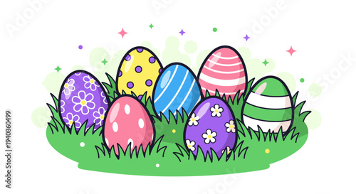 Colorful decorated Easter eggs nestled in green grass, featuring a playful and cheerful illustration style