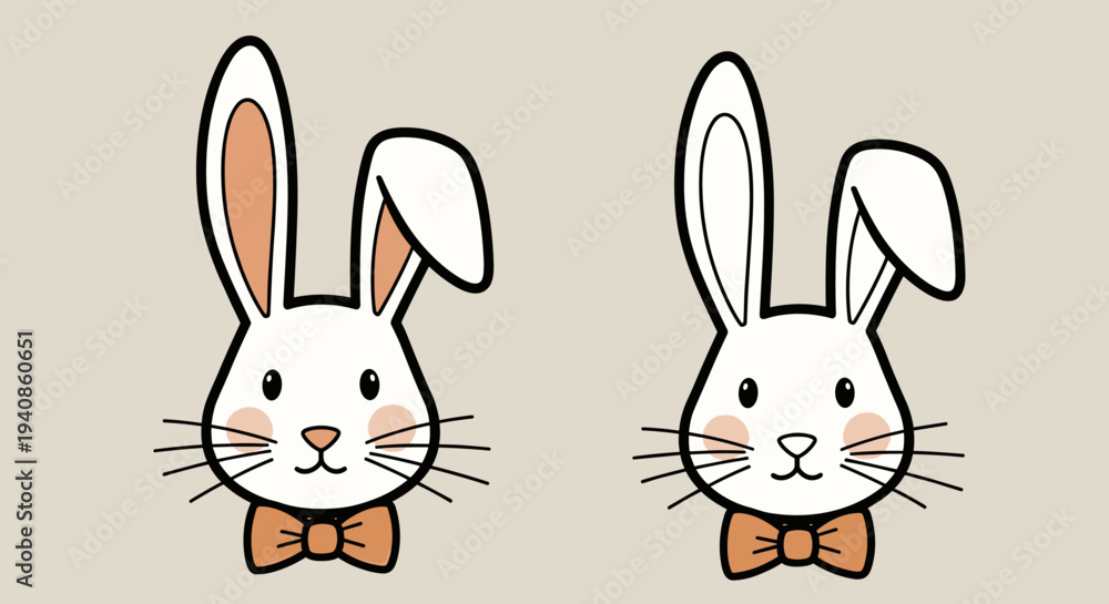 Fototapeta premium Two cute rabbit heads with bow ties in a minimalist, flat design style, ideal for festive themes