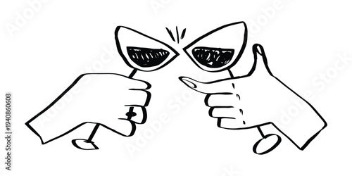 Elegant wine glass sketch with champagne bubbles and ribbon bow. Perfect for party cards, cocktail bar menus, wedding invitations, or celebration event designs with hand-drawn charm.