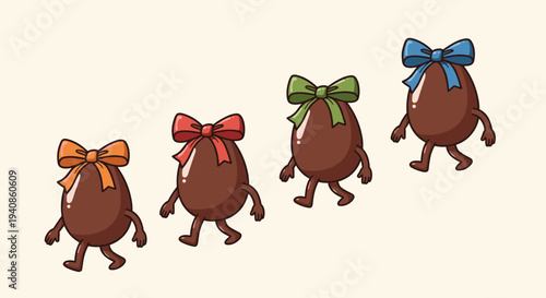 A playful set of chocolate eggs with colorful bows, illustrated in a fun, cartoon style, perfect for Easter themes
