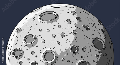 A detailed illustration of the moon featuring craters and shadows in a minimalist style, perfect for space-themed designs