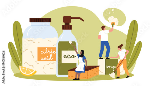 Cleaning service, housekeeping with eco friendly biodegradable and safe products. Tiny people in apron clean home kitchen and household with ecologic detergent, citric acid cartoon vector illustration