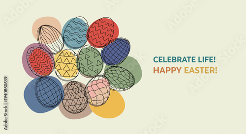 A colorful arrangement of decorated Easter eggs in a modern, minimalist style, perfect for seasonal celebrations