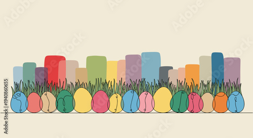 A colorful collection of abstract eggs with grass, illustrated in a minimalist style, perfect for seasonal themes