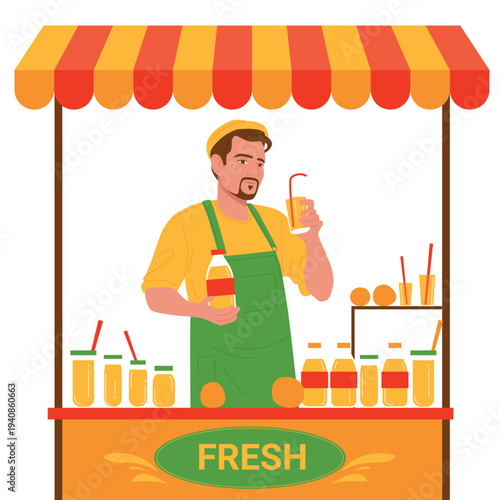 Market stand with vendor selling fresh juice and lemonade. Male seller holding cup with natural orange juice to sell, man with summer fruit beverage in glass and bottle cartoon vector illustration