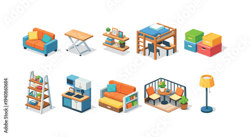 Furniture, home decor 3d icon set. interior, modern living room, cozy furniture collection.