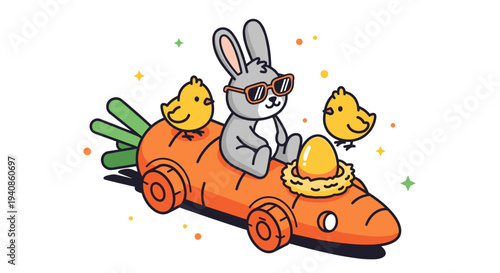 A playful illustration featuring a rabbit wearing sunglasses, riding a giant carrot with chicks and an egg, in a vibrant style