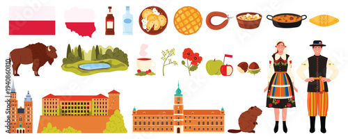 Travel to Poland set, Polish culture elements and landmarks, food. Flag and map of country, man and woman in in folk costumes with floral ornaments, historical buildings cartoon vector illustration