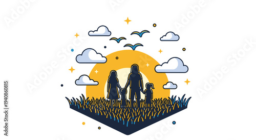 A family silhouette standing in a field, surrounded by clouds and a sunset, in a modern flat style